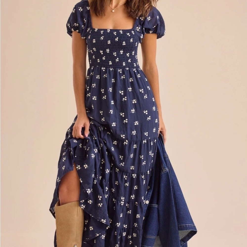 Oaklynn Maxi Altar'd State Navy & White Floral Smocked Maxi Dress - Picture 2 of 6